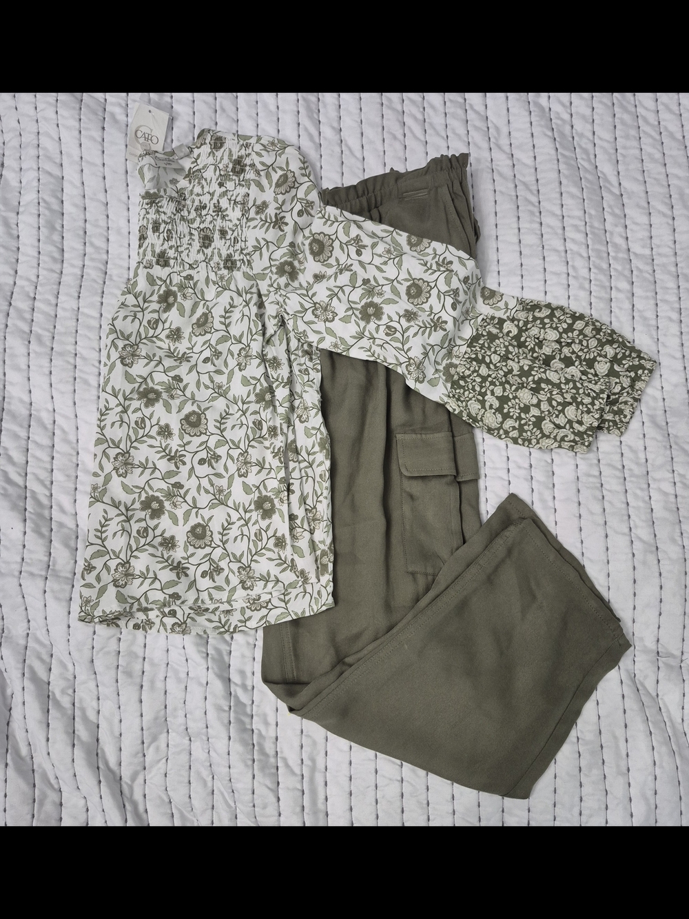 Cato Olive Floral Off-Shoulder Top with Olive Wide-Leg Pants